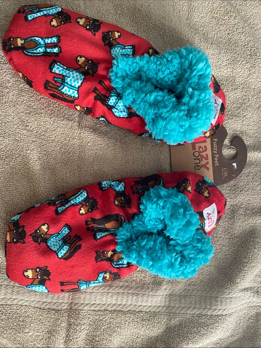 Lazy One Red Horse-Print Fuzzy Slippers with Teal Lining